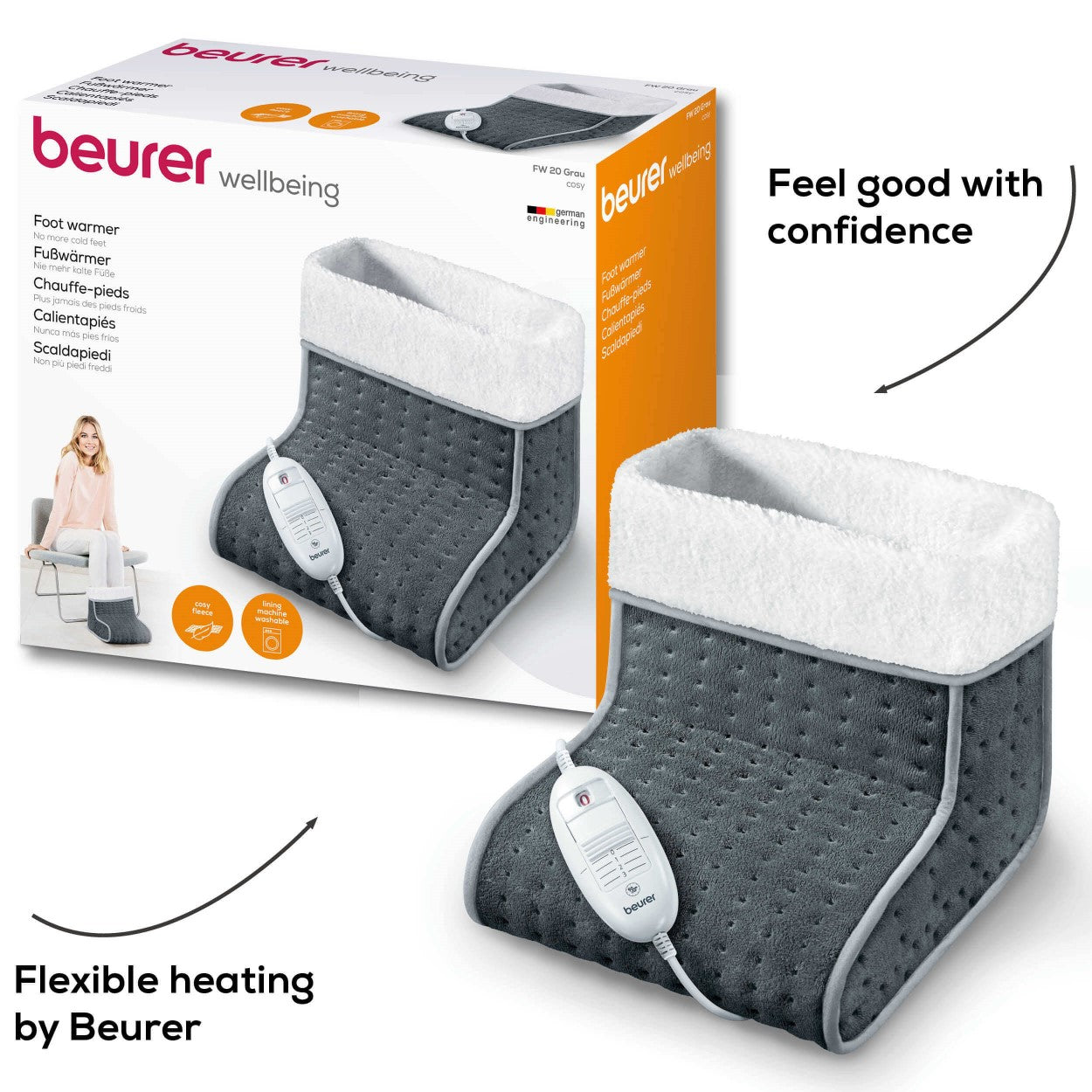 Beurer Germany FW 20 Electric Foot Warmer in Grey: Fast Heating Adjustable Temperature. Cosy Materials. Low Energy Heat.