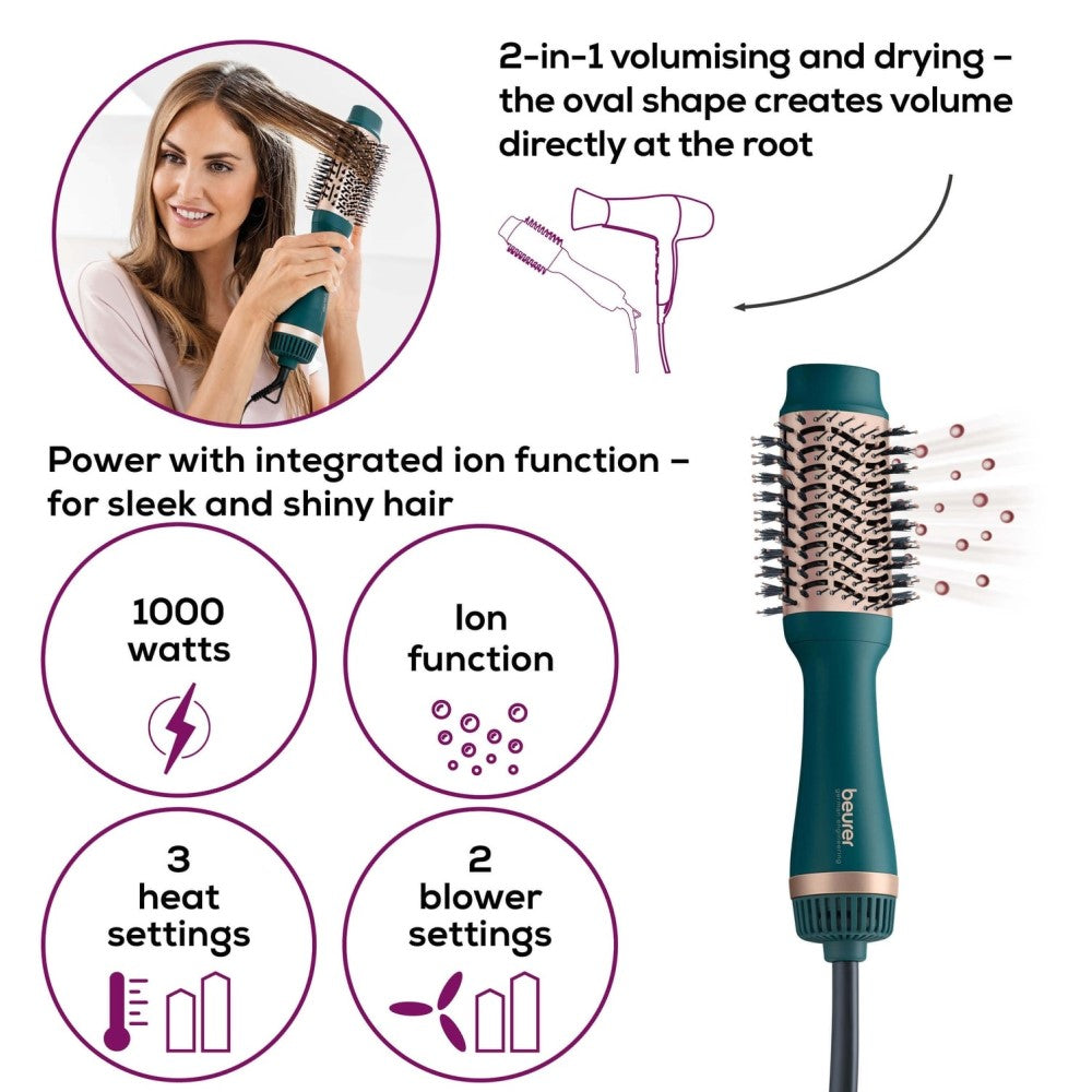 Beurer 2-in-1 Volumising Hair Dryer Brush in XXL Size for Ultra Volume & Style: HC 45 in Ocean Blue