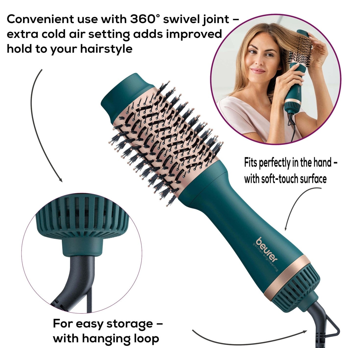 Beurer 2-in-1 Volumising Hair Dryer Brush in XXL Size for Ultra Volume & Style: HC 45 in Ocean Blue