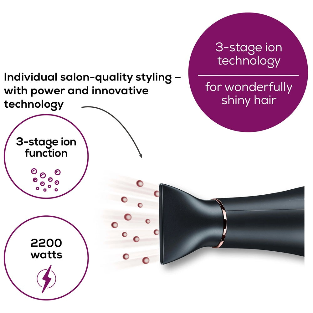 Beurer Hair Dryer with Diffuser, Nozzle, Ion Function & 2200W Power. Award Winning HC 50