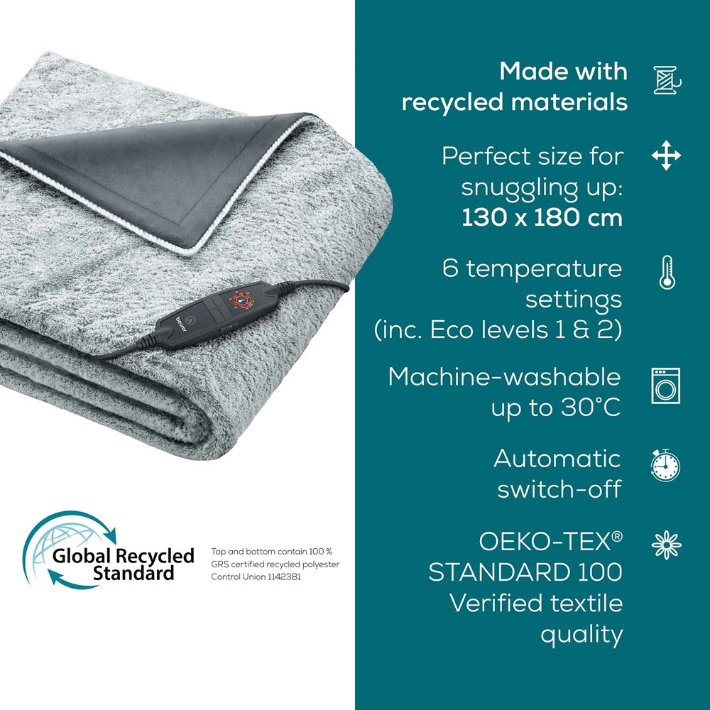 Beurer Electric Blanket: Cosy & Eco-Friendly Heated Throw HD 75 NORDIC GP in GREY 180 x 130cm