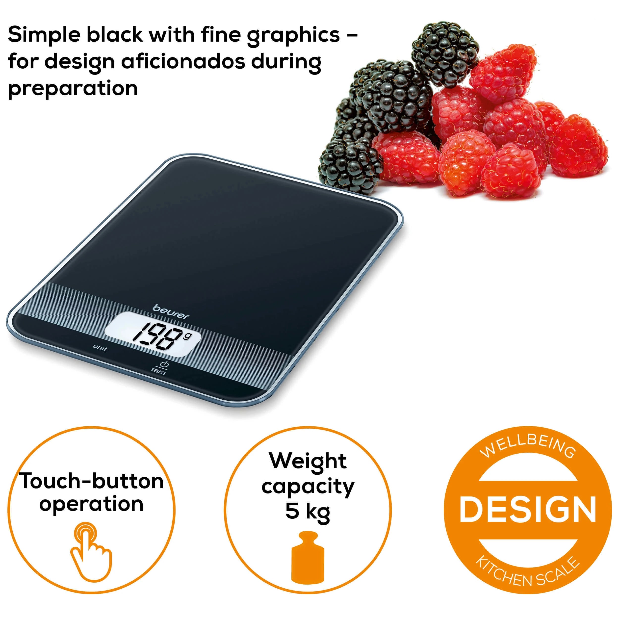 Beurer Germany KS 19 Digital Kitchen Scale in Black Glass: 5Kg Capacity. 1g Increments