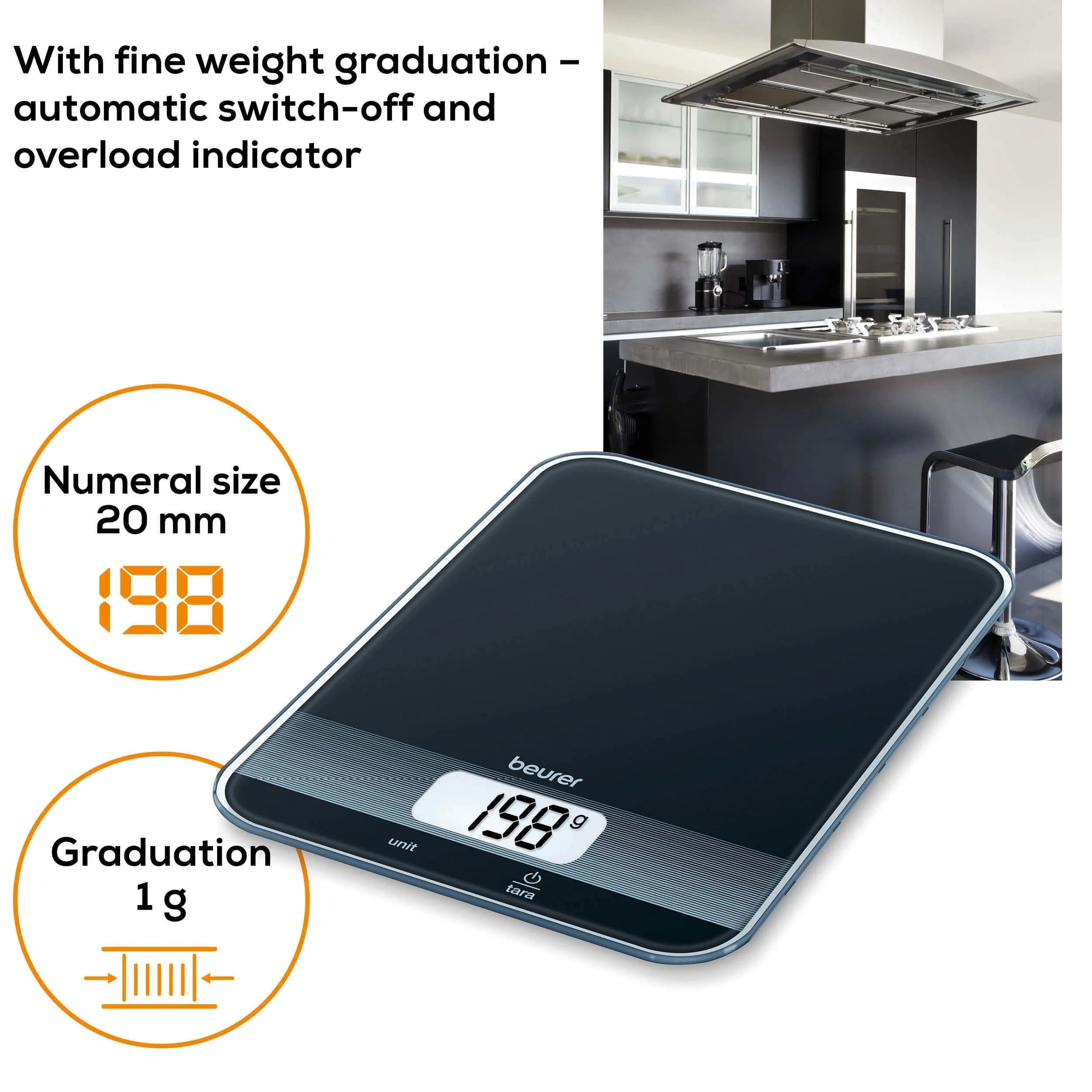 Beurer Germany KS 19 Digital Kitchen Scale in Black Glass: 5Kg Capacity. 1g Increments