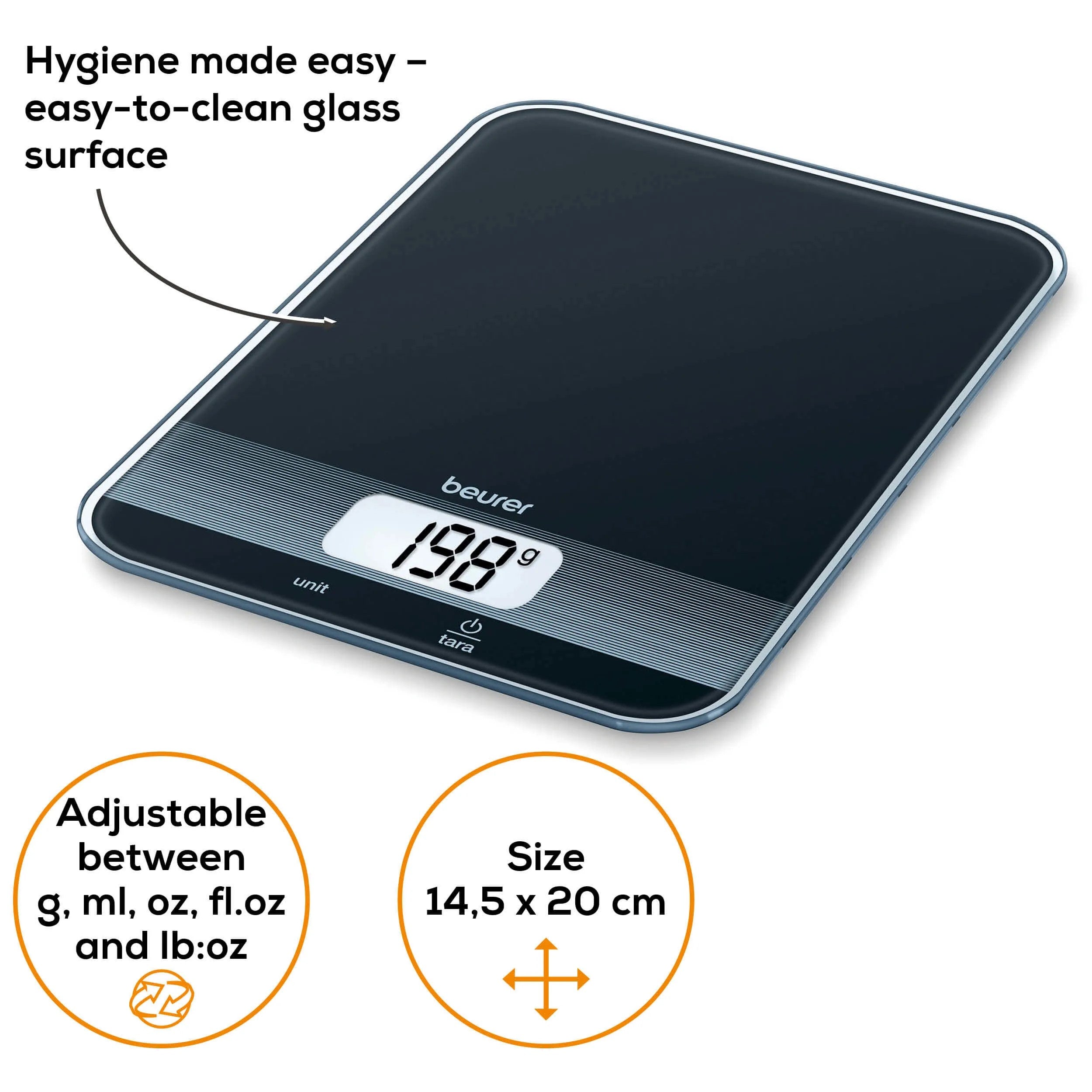 Beurer Germany KS 19 Digital Kitchen Scale in Black Glass: 5Kg Capacity. 1g Increments