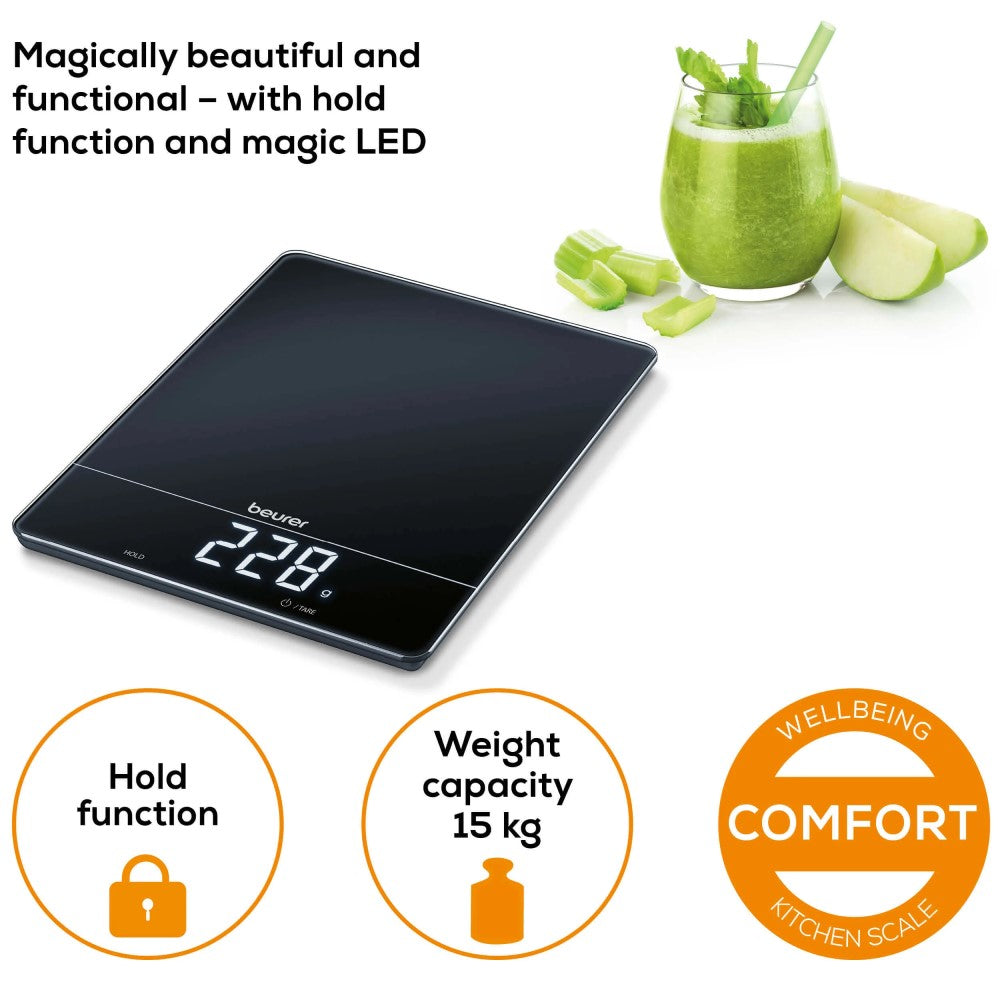 Beurer KS 34 Digital Glass Kitchen Scale: XL 15kg Weight Capacity. 1g Increments. Large LED Display