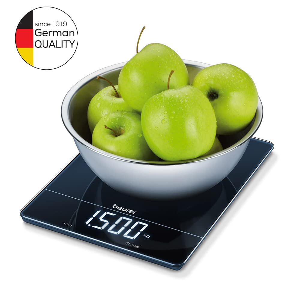 Beurer KS 34 Digital Glass Kitchen Scale: XL 15kg Weight Capacity. 1g Increments. Large LED Display