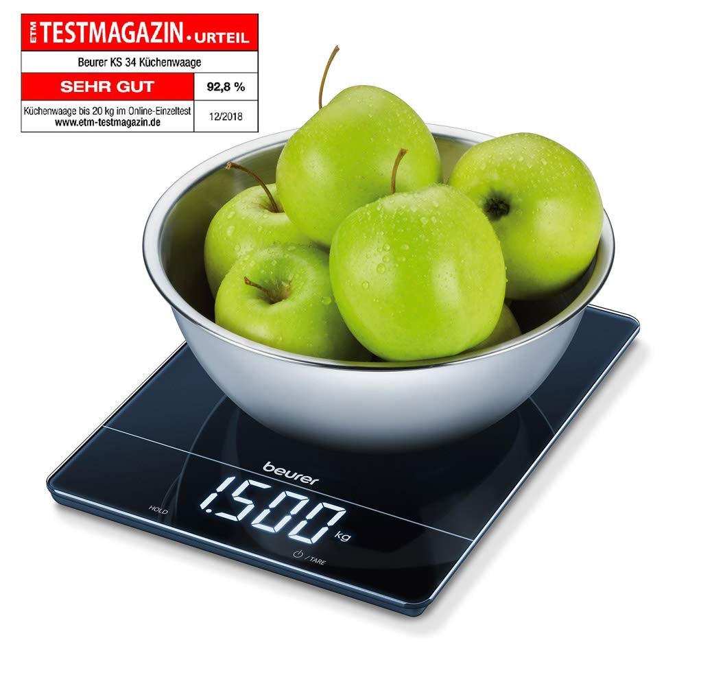 Beurer KS 34 Digital Glass Kitchen Scale: XL 15kg Weight Capacity. 1g Increments. Large LED Display