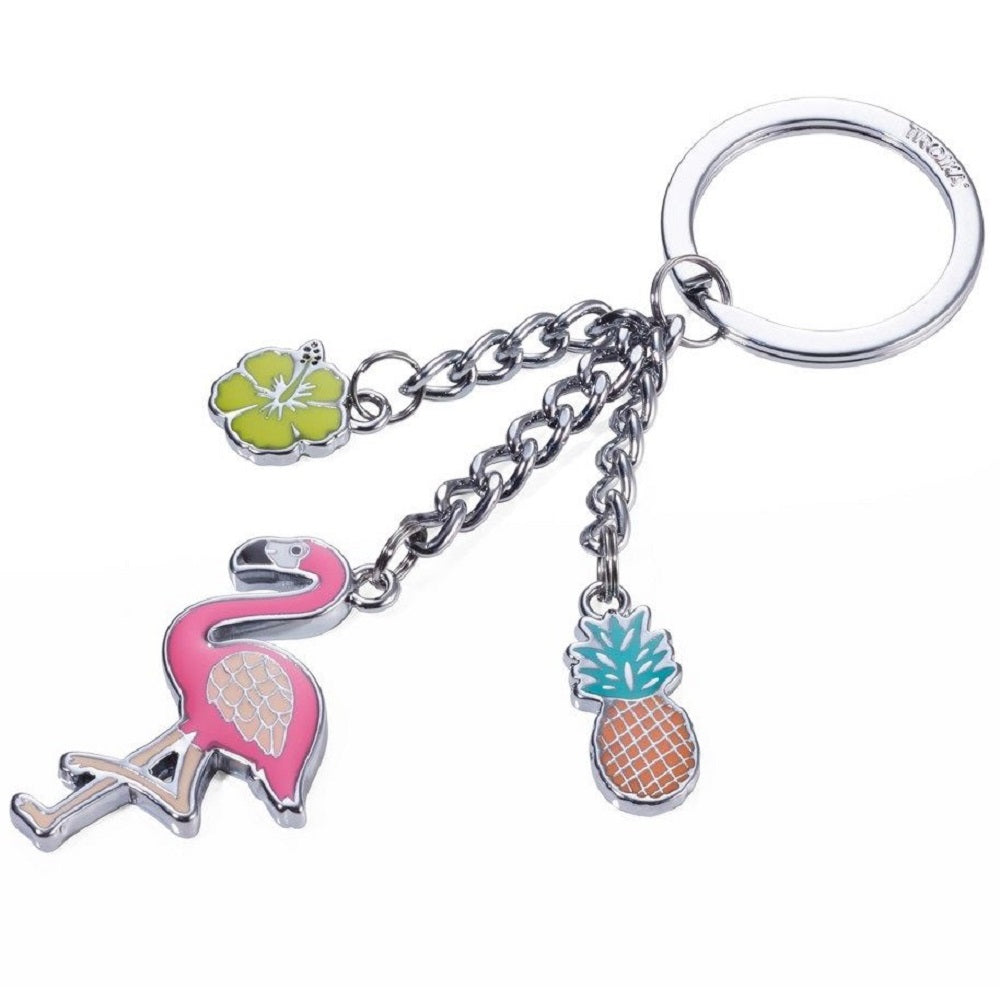 TROIKA Keyring FLAMINGO with 3 Charms – Flamingo Pineapple Flower