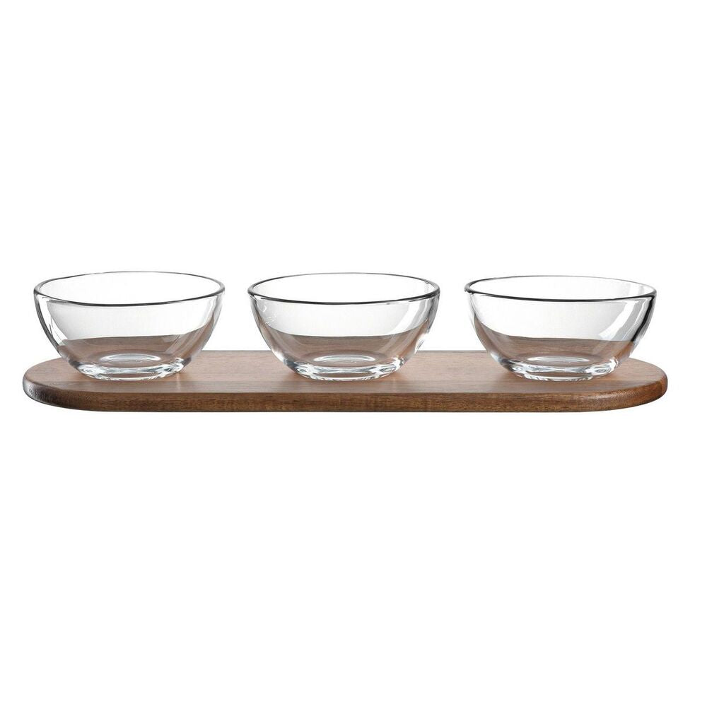 Leonardo Serving Set for Dips or Snacks: Wood Tray & 3 Glass Bowls Cucina